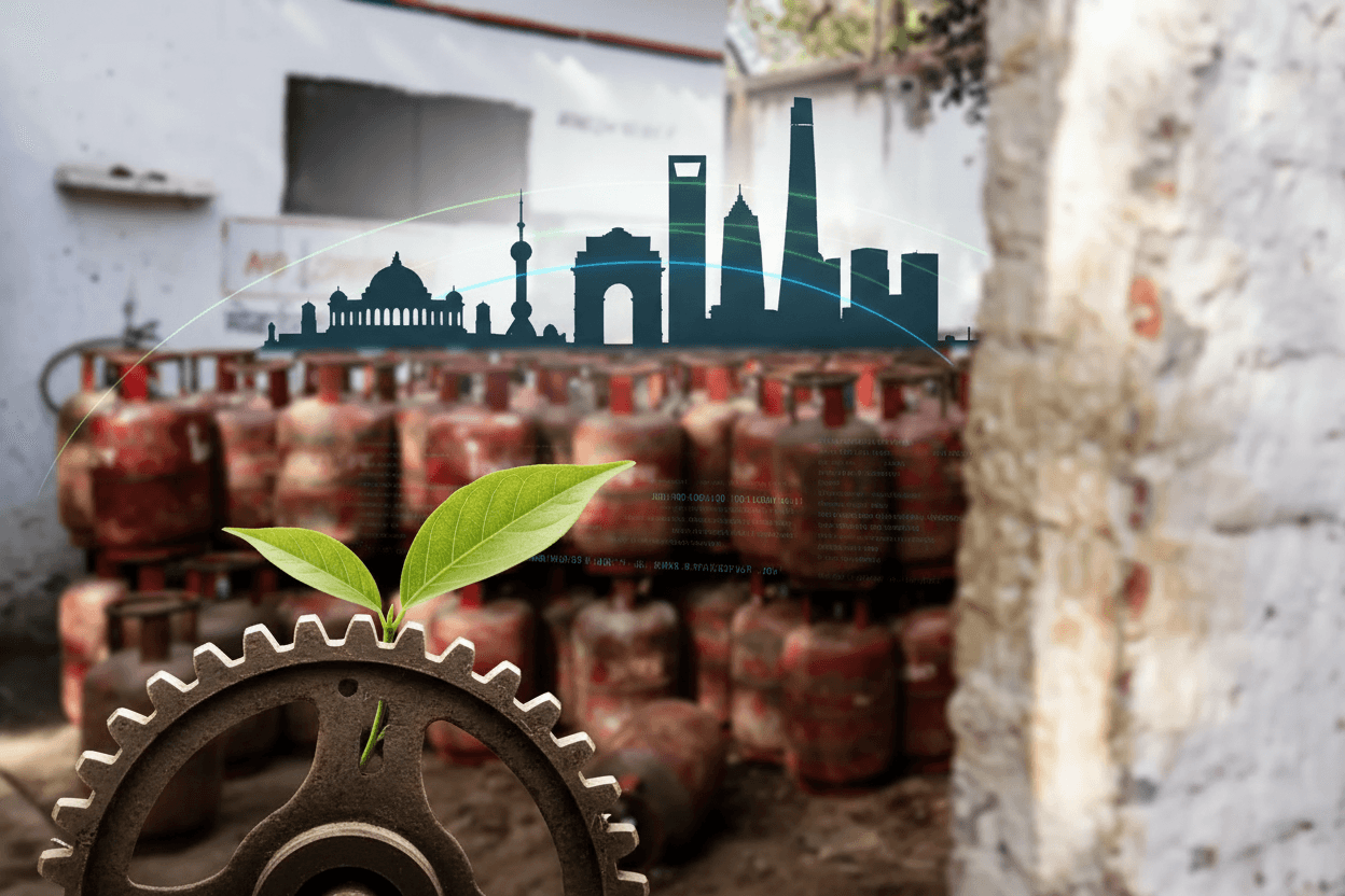 A sapling growing from a gear, with a blurred background of gas cylinders and a skyline overlay.