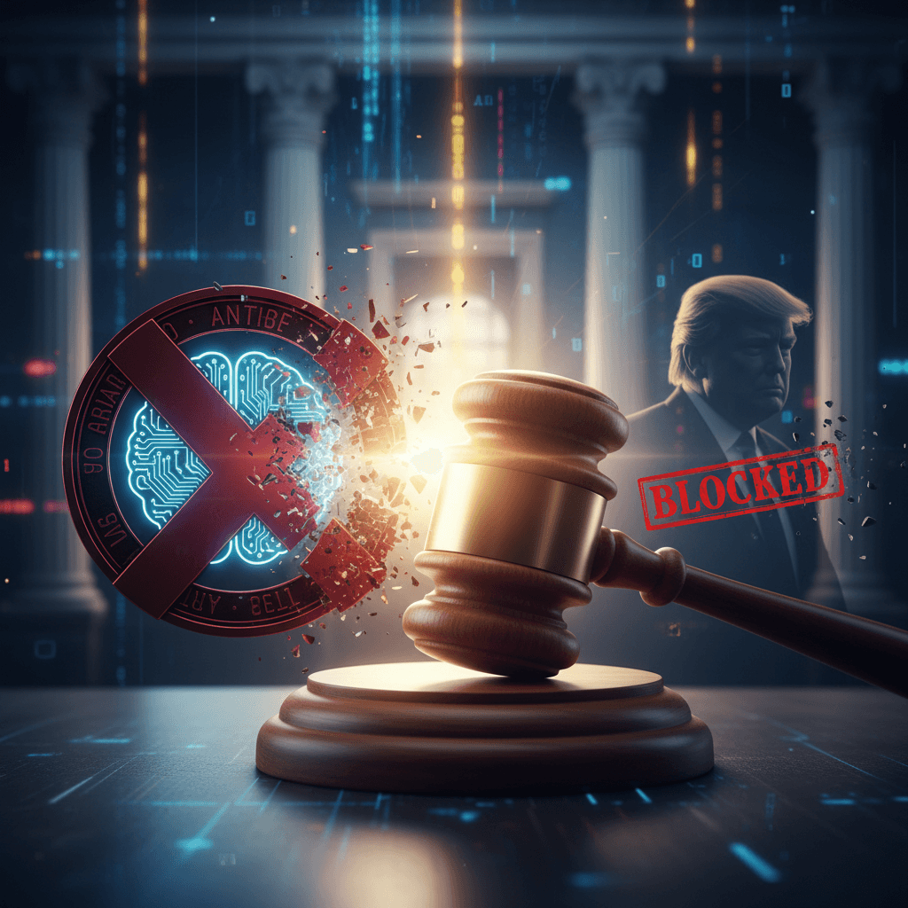 A gavel shattering a digital coin with a crossed-out AI brain, with a silhouette of Trump in the background.