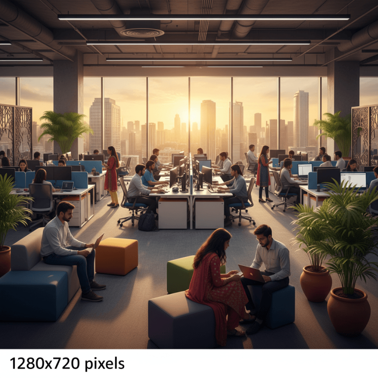 An open-plan office in India at sunset, with numerous professionals working and collaborating.