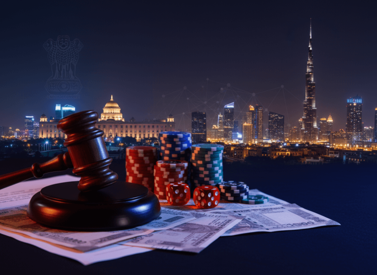 A gavel, stacks of casino chips, and Indian currency notes on a dark surface, with Dubai and India's Parliament in background.