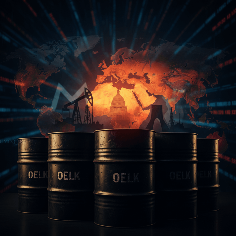Five dark oil barrels in the foreground against a glowing, fiery map of the Middle East, indicating geopolitical tensions.