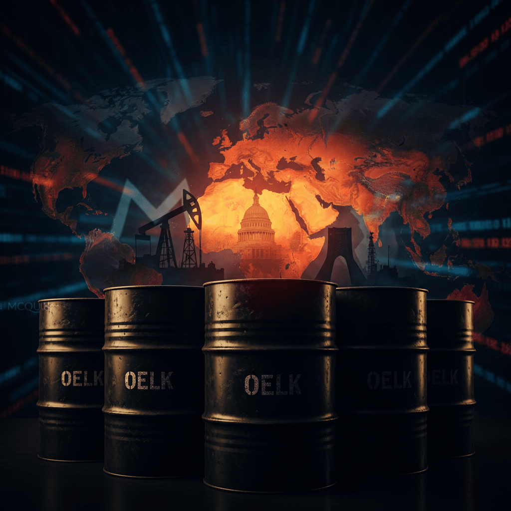 Five dark oil barrels in the foreground against a glowing, fiery map of the Middle East, indicating geopolitical tensions.