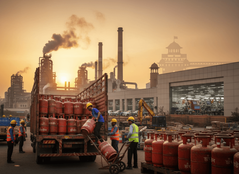 Workers load LPG cylinders onto a truck at an industrial facility with a government building silhouette at sunset.