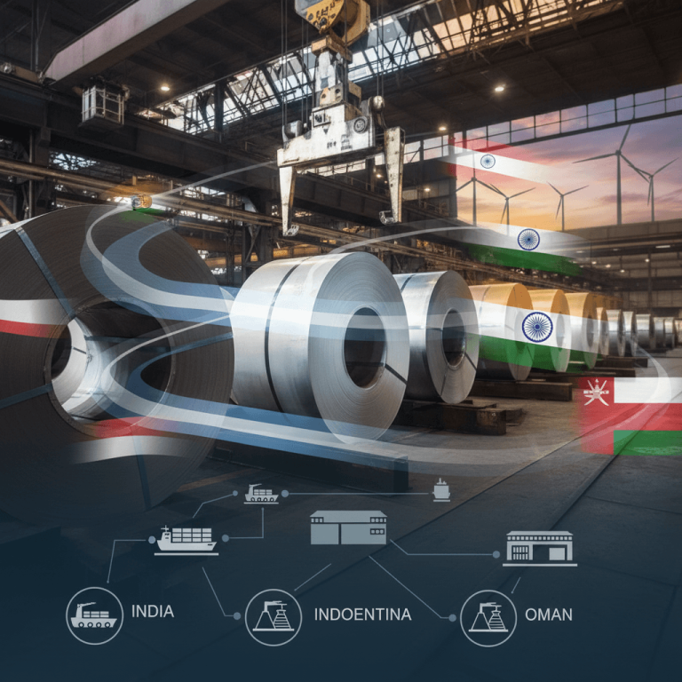 Steel coils in a factory with abstract waves representing global connections to India, Argentina, Indonesia, and Oman.