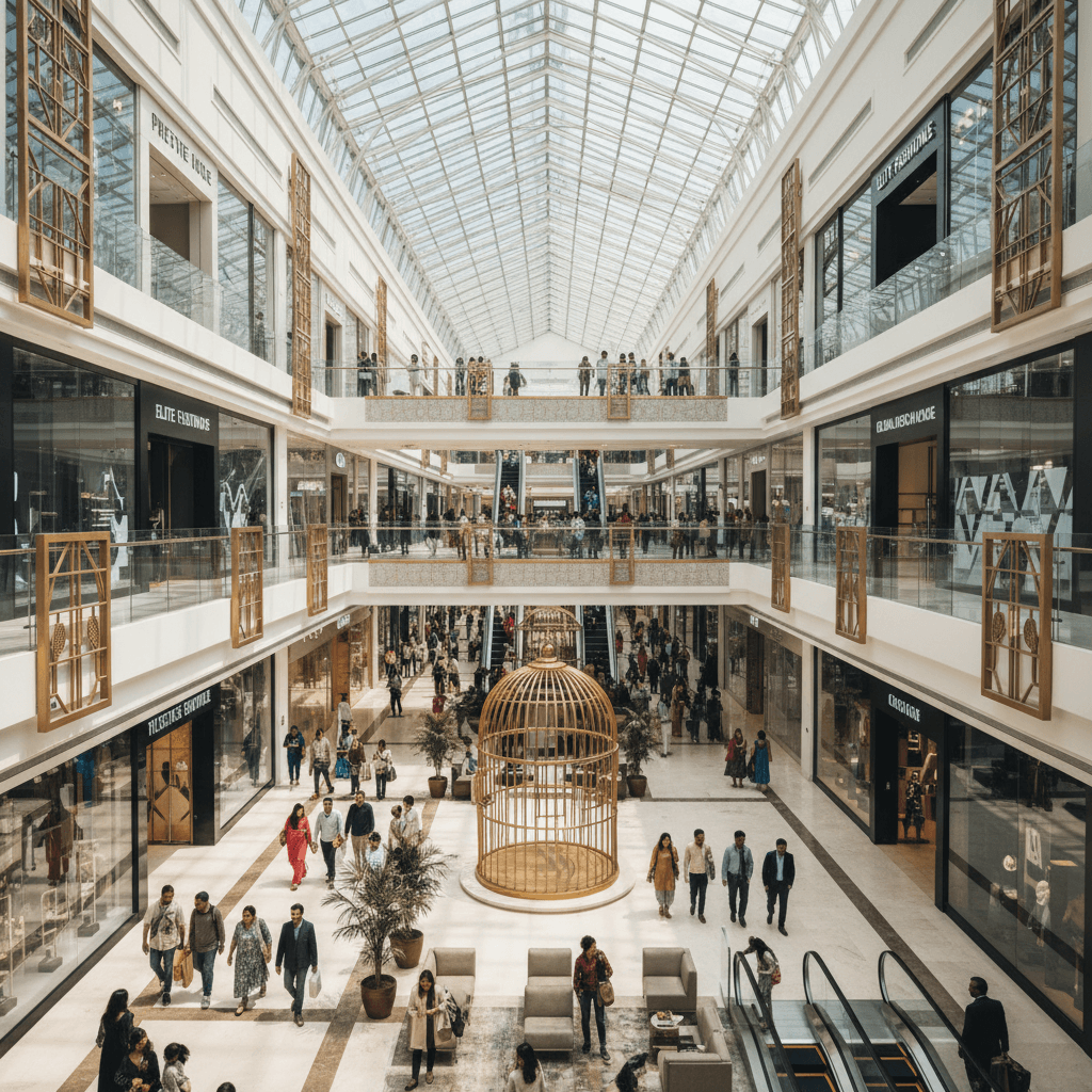An interior shot of a multi-story luxury shopping mall in India, with many shoppers and high-end stores.