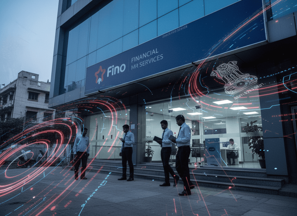 A modern bank building with a Fino Payments Bank sign, overlaid with abstract financial data and the RBI symbol.