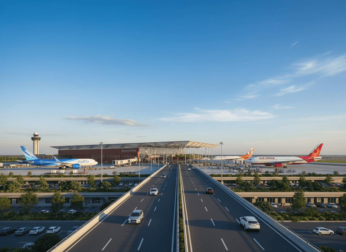 Wide shot of a modern airport terminal with a multi-lane highway leading to it, and aircraft from IndiGo, Akasa Air, and Air India Express on the tarmac under a clear sky.