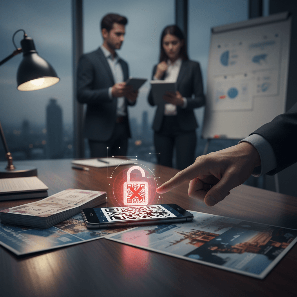 A hand pointing at a smartphone displaying a fraudulent QR code with a red lock symbol, money, and travel brochures on a desk.