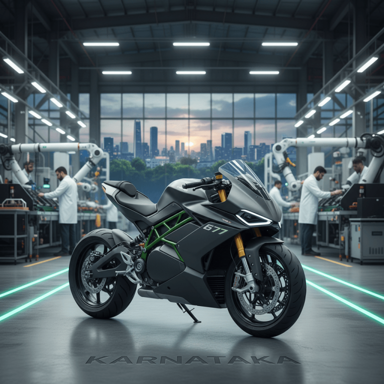 A high-performance electric motorcycle in a futuristic factory with technicians and a city skyline in the background.
