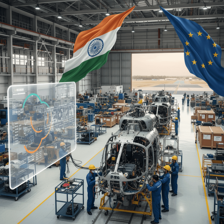 An advanced aerospace factory floor showing Airbus helicopters in various stages of assembly, with technicians working.