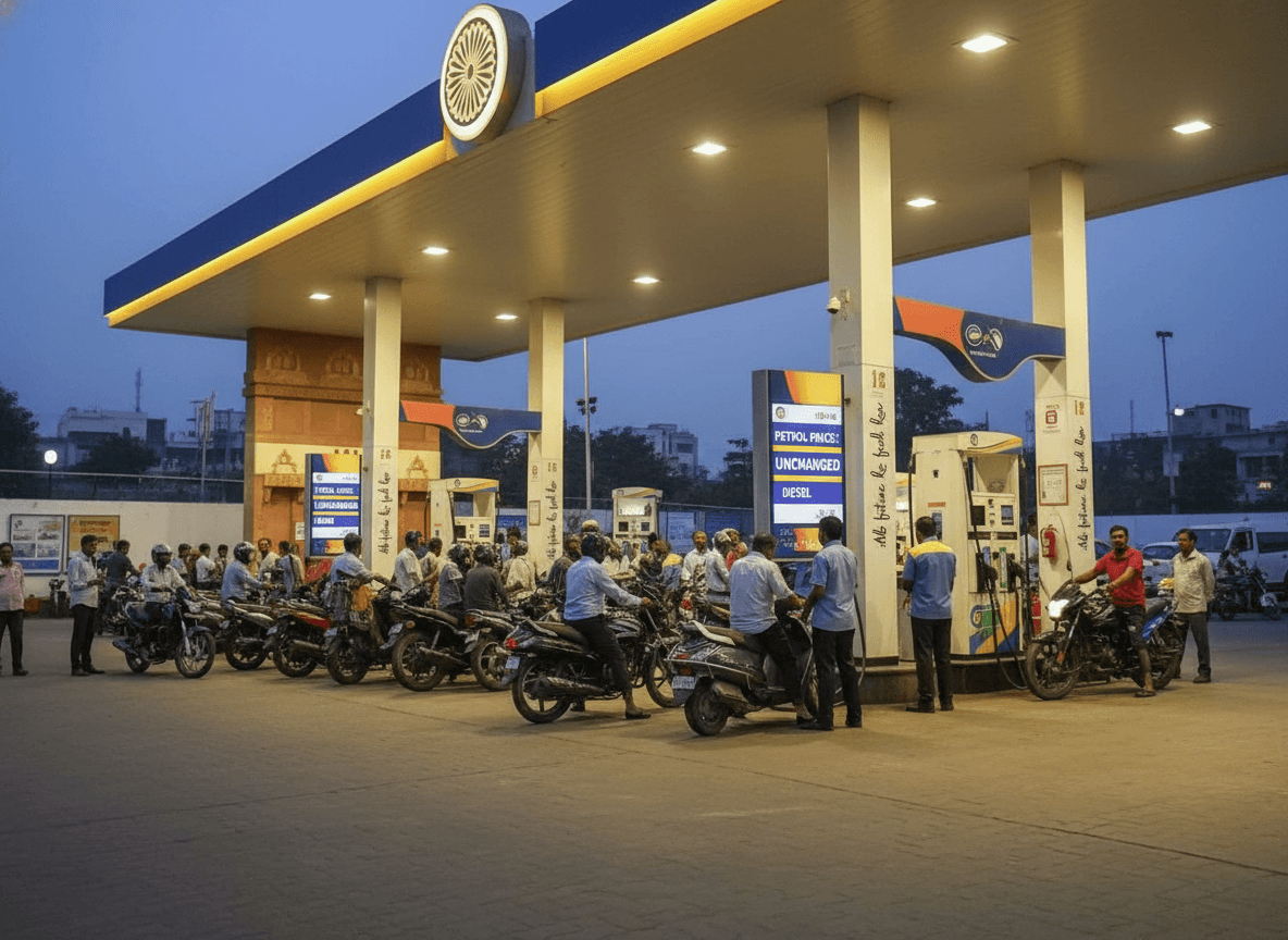 A crowded Indian gas station with many motorbikes and people, featuring price display boards showing "UNCHANGED" for fuel.