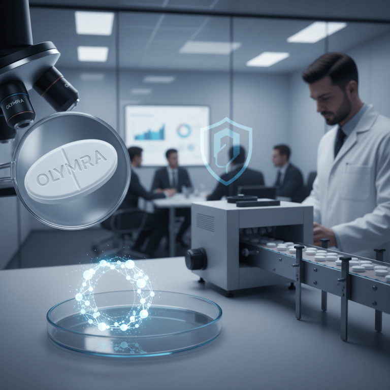 A scientist in a lab coat oversees a drug manufacturing line with a magnified pill labeled Olymra and a legal shield icon.