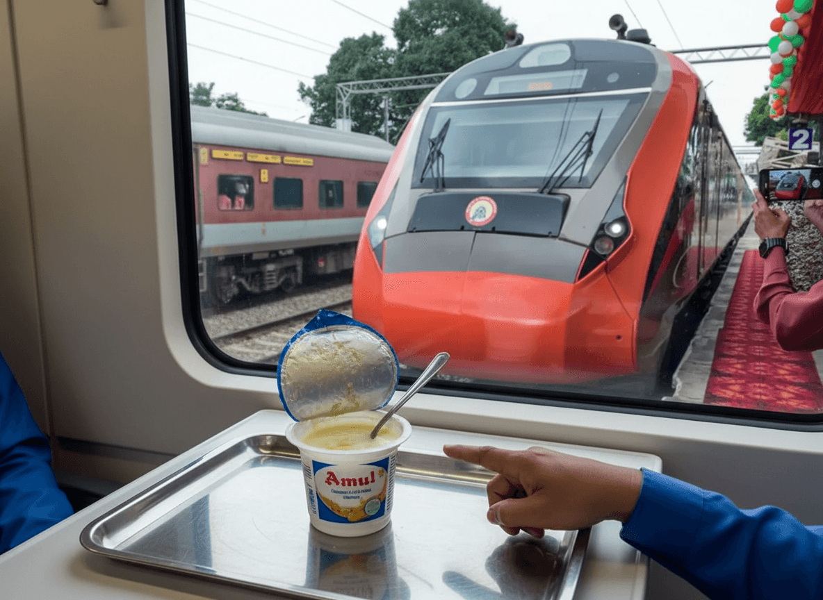 A hand points to an open cup of Amul curd on a train tray table, with a Vande Bharat Express train visible outside the window.