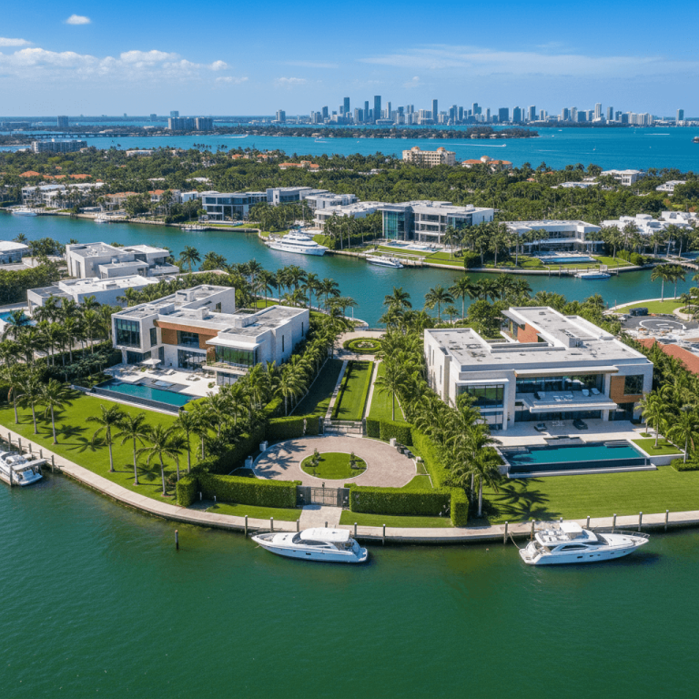 An aerial shot of Indian Creek Island shows modern luxury homes, lush landscaping, private docks with yachts, and the Miami skyline in the distance.