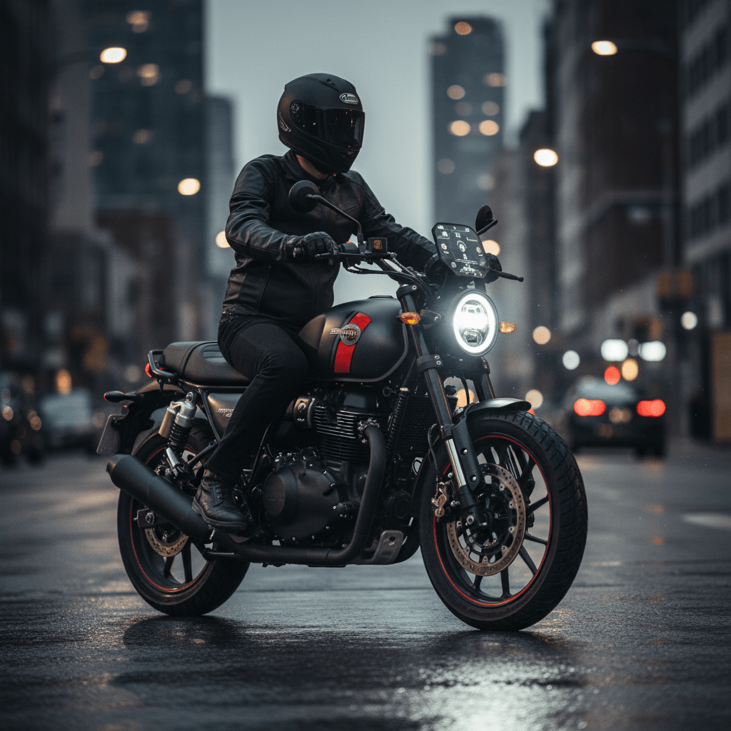 A person in a black helmet and leather jacket riding a dark Royal Enfield Guerrilla 450 motorcycle on a wet city street at dusk.