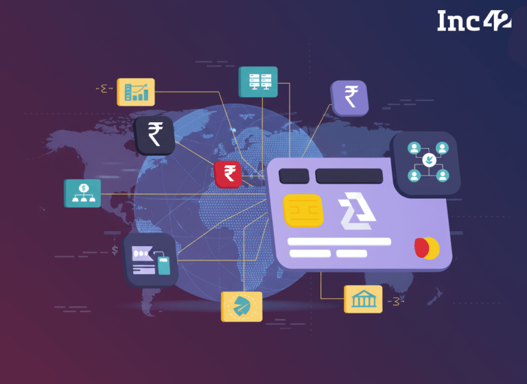 An abstract image depicting global financial technology, with a credit card, world map, and various digital icons.