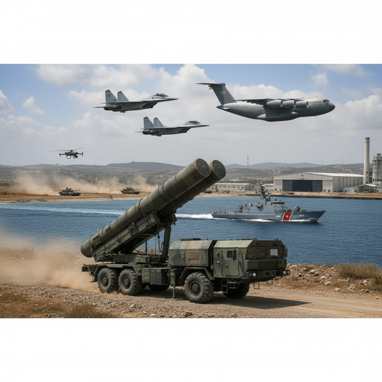 A powerful S-400 missile system on rugged terrain, with fighter jets and a transport aircraft flying overhead.