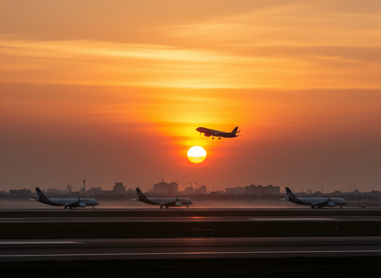 A vibrant sunset over an airport with multiple commercial airplanes on the tarmac and one taking off, hinting at travel changes.