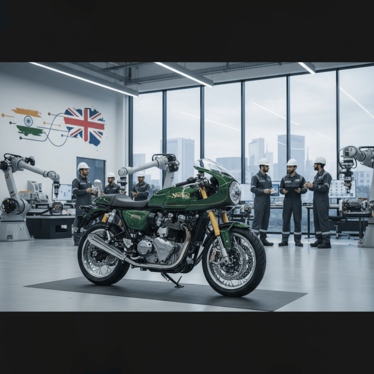 A green Norton motorcycle on display in a sleek, modern factory with workers and robotic arms, symbolizing UK-India collaboration.