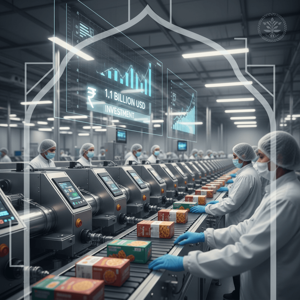 A modern food processing factory with workers on an assembly line, overseen by a digital investment dashboard, framed by an Indian architectural arch.