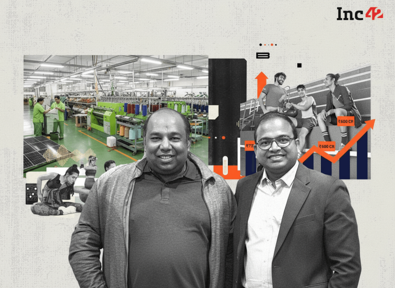 Two smiling men in front of a split background: a modern textile factory and dynamic athletes with growth charts.