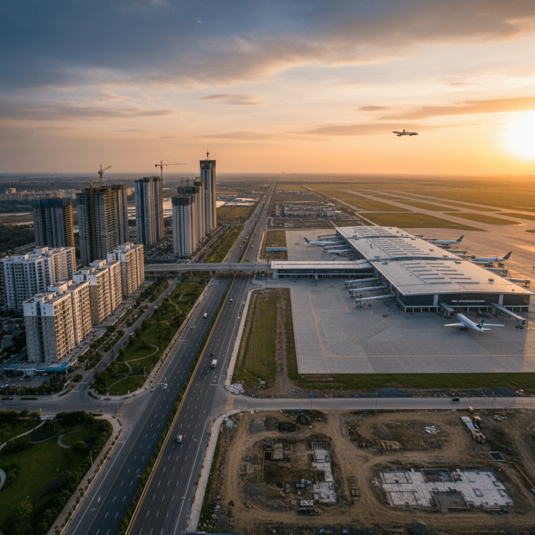 An aerial view of Noida International Airport at sunset with residential buildings and construction in the foreground.