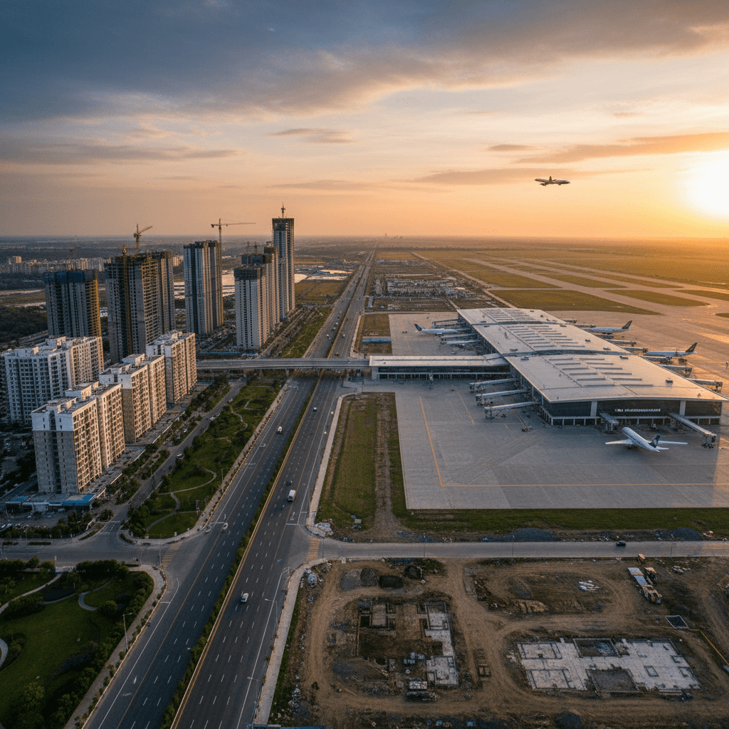 An aerial view of Noida International Airport at sunset with residential buildings and construction in the foreground.