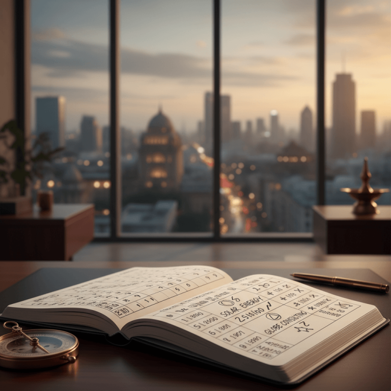 An open notebook with numerological calculations on a desk, overlooking a city skyline at sunset from an office window.