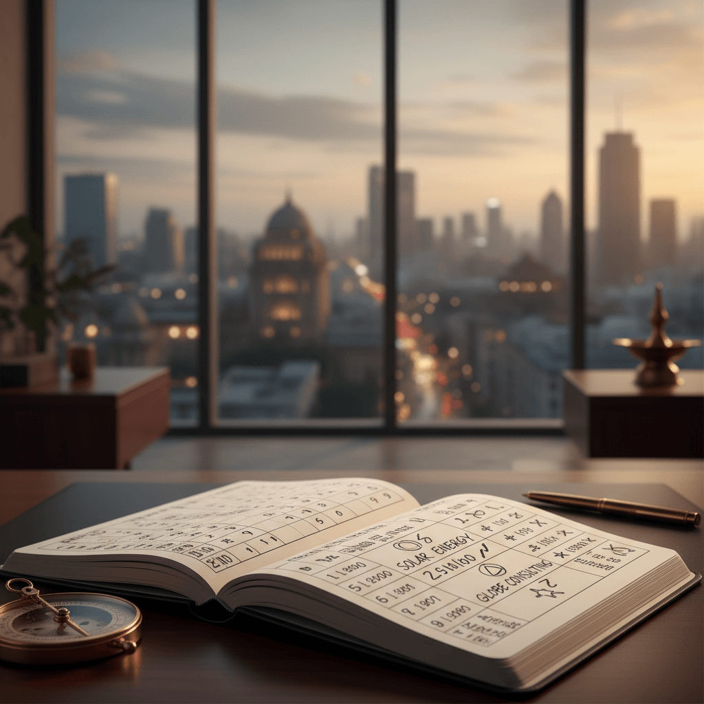 An open notebook with numerological calculations on a desk, overlooking a city skyline at sunset from an office window.