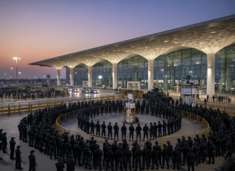 An aerial view of a large security detail forming a ring outside a modern airport terminal at dusk.