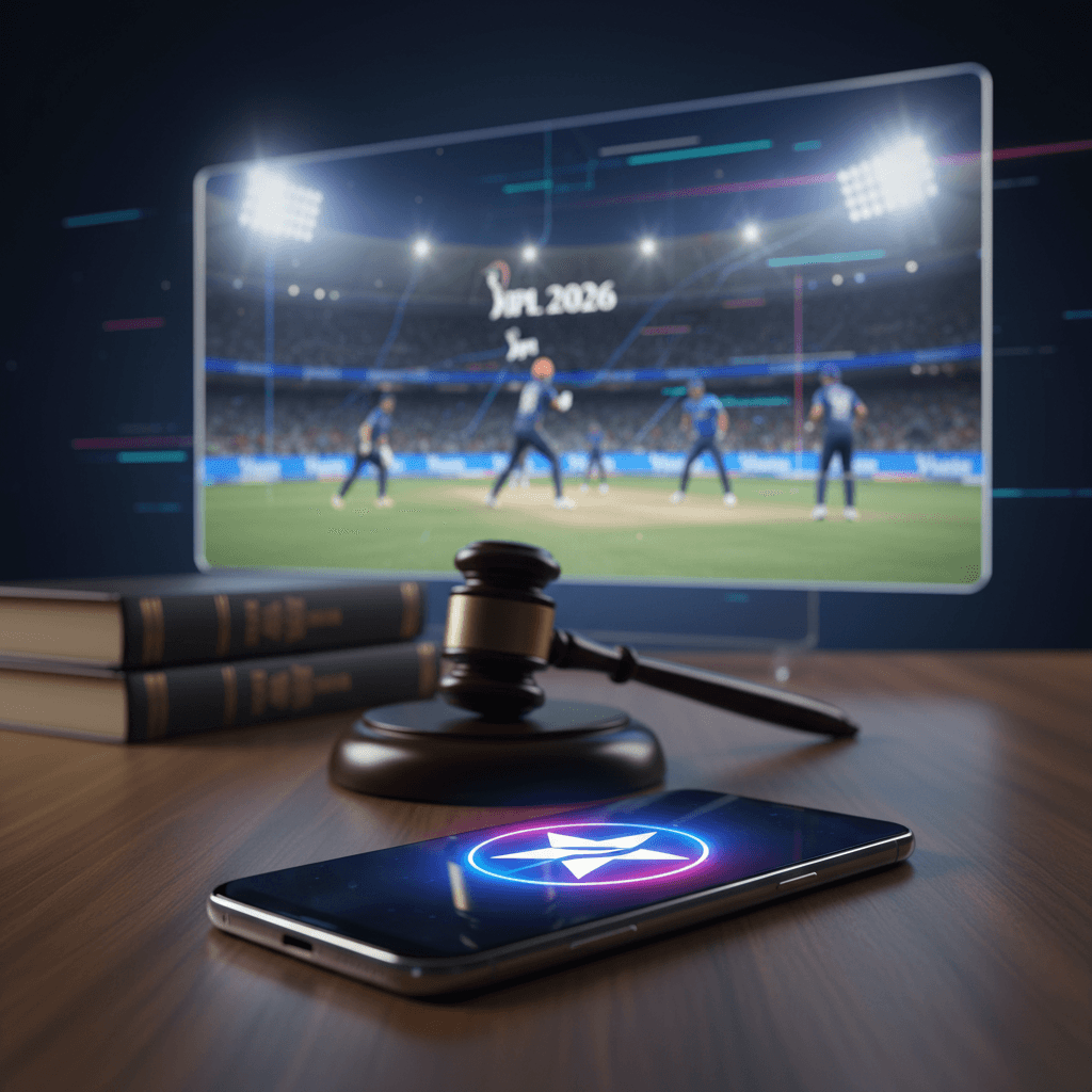 A gavel and law books on a table, with a smartphone displaying a glowing star icon, and a blurred cricket match on a screen in the background.