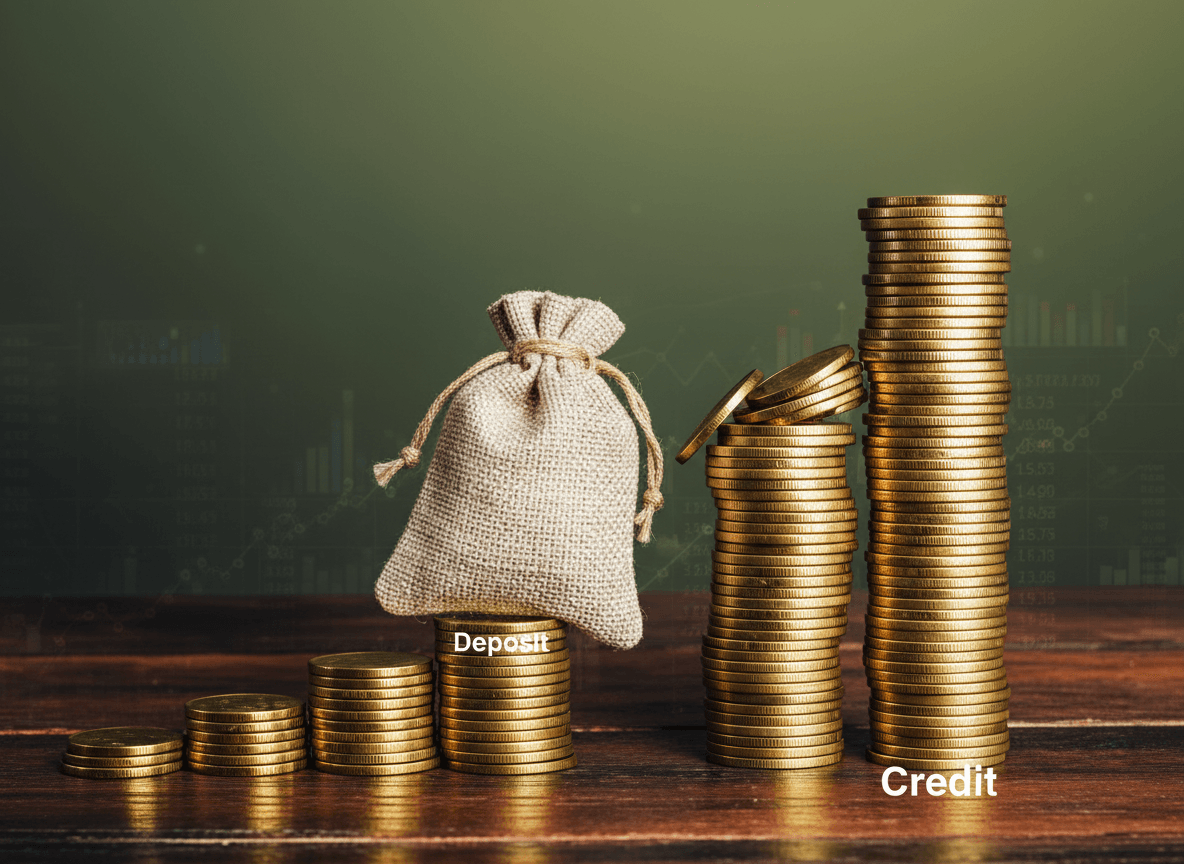 A money bag labeled "Deposit" sits on a small stack of coins next to a much taller stack of coins labeled "Credit."