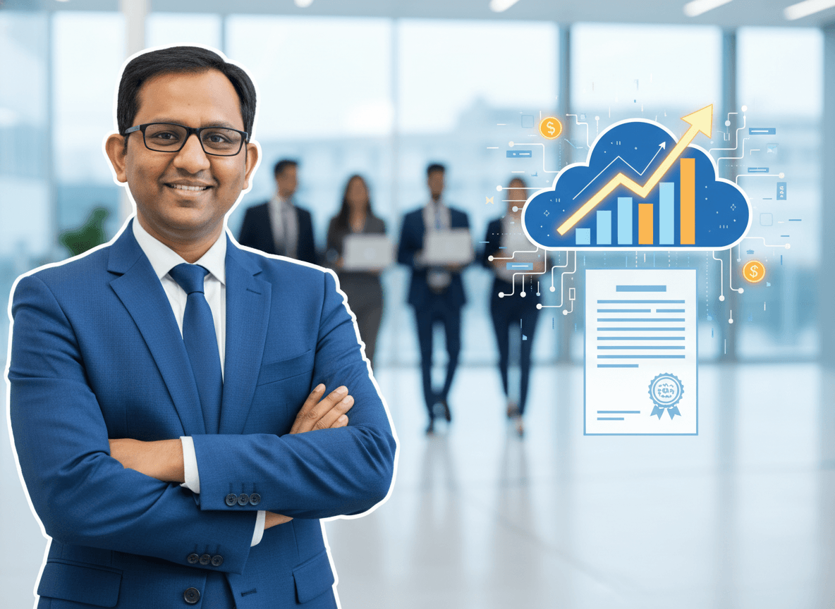 A smiling businessman in a suit with arms crossed, in front of a modern office and a cloud graphic showing growth and documents.