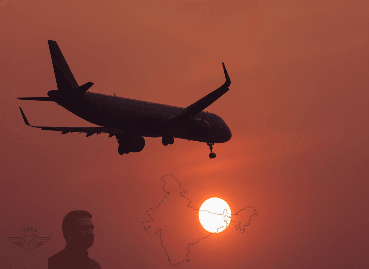 A silhouette of a VVIP aircraft in flight during sunset, with a subtle outline of India and a portrait of Ajit Pawar.
