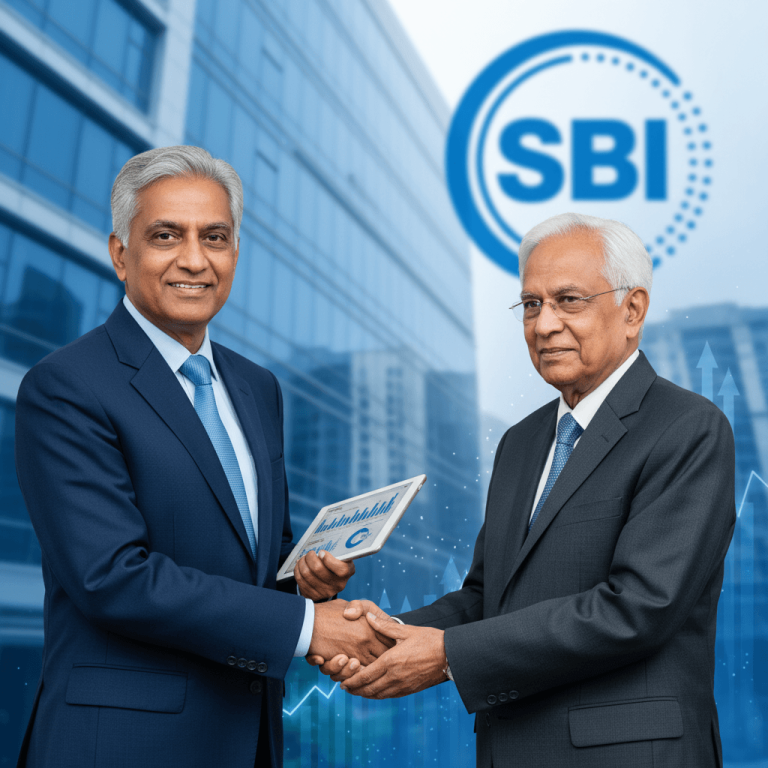 Two distinguished gentlemen in suits shaking hands, with a modern corporate building and financial charts in the background.