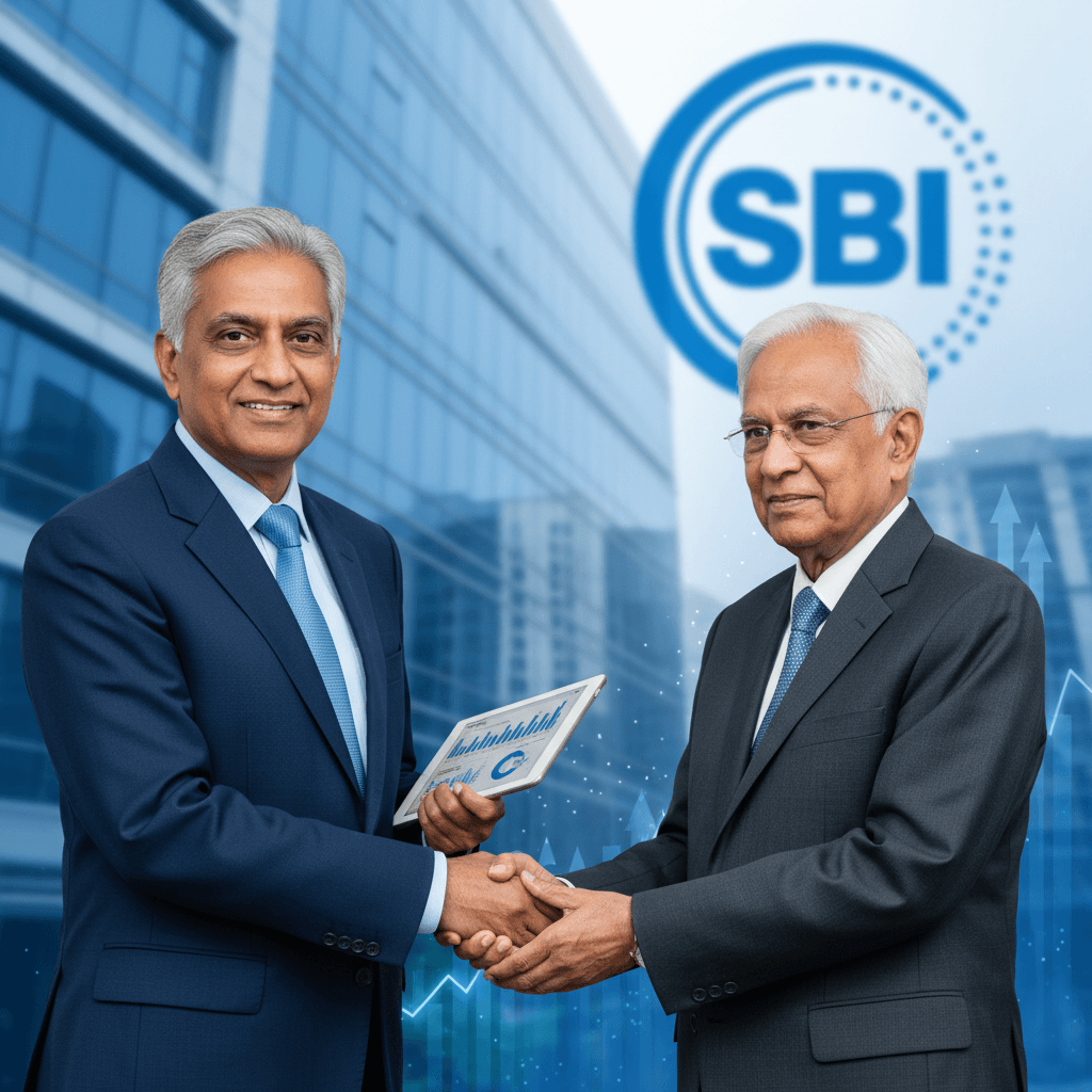 Two distinguished gentlemen in suits shaking hands, with a modern corporate building and financial charts in the background.