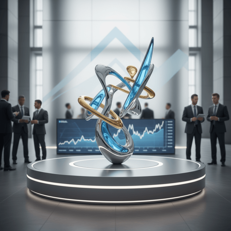 A modern metallic sculpture with intertwining silver, gold, and blue elements on a pedestal in a corporate setting.