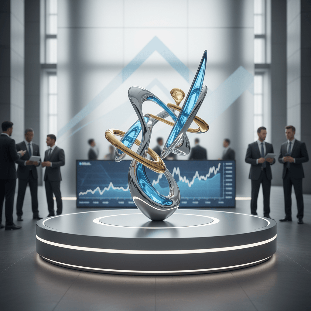 A modern metallic sculpture with intertwining silver, gold, and blue elements on a pedestal in a corporate setting.