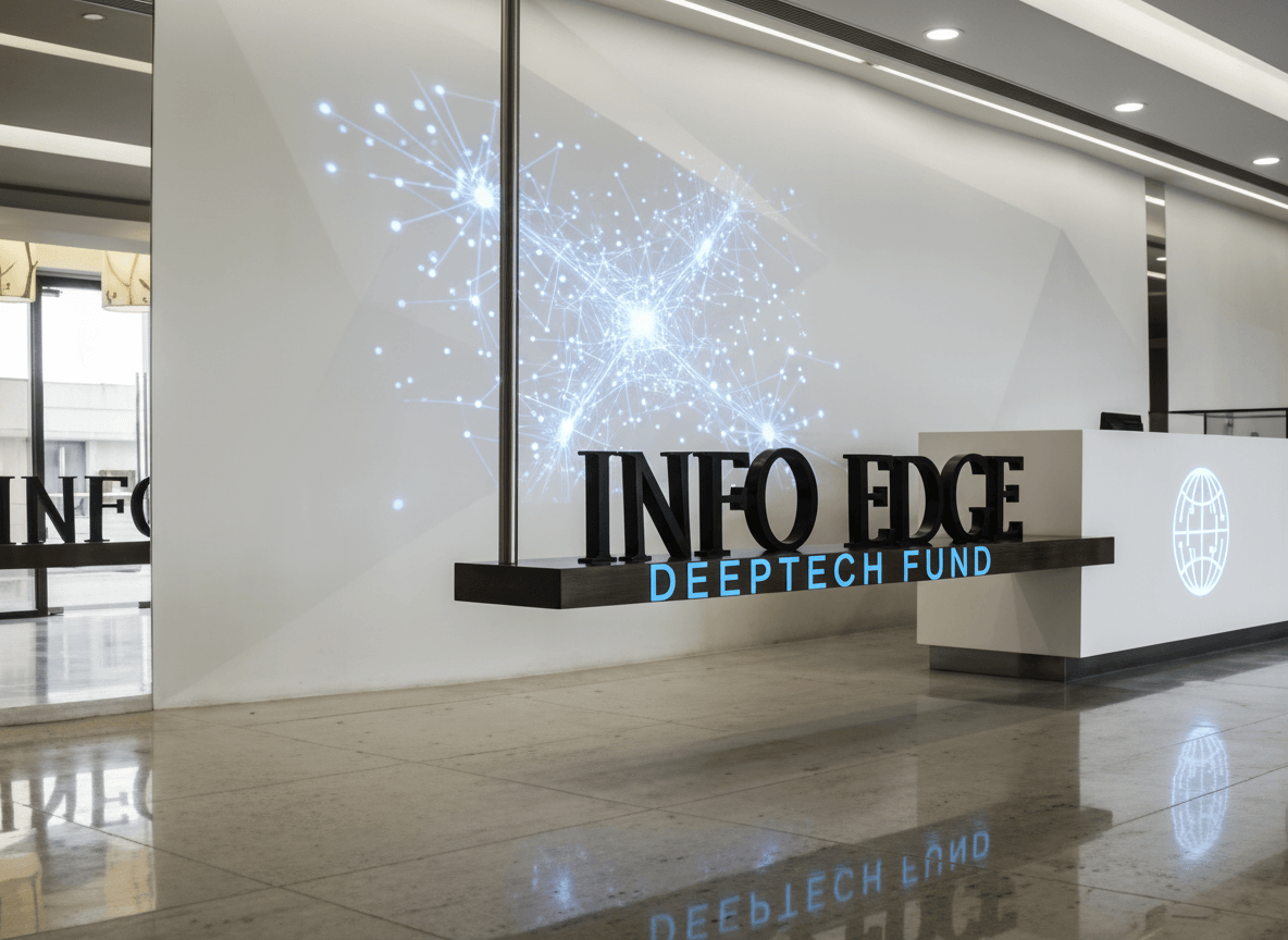 A modern office reception with "INFO EDGE DEEPTECH FUND" in prominent letters, and a glowing deeptech network projection.