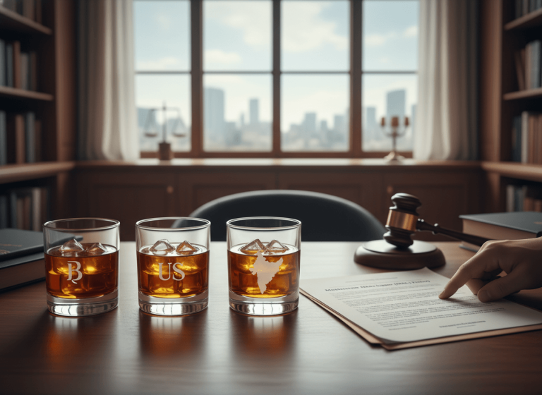 Three glasses of amber liquid on a lawyer's desk, with a gavel, legal document, and a city skyline in the background.