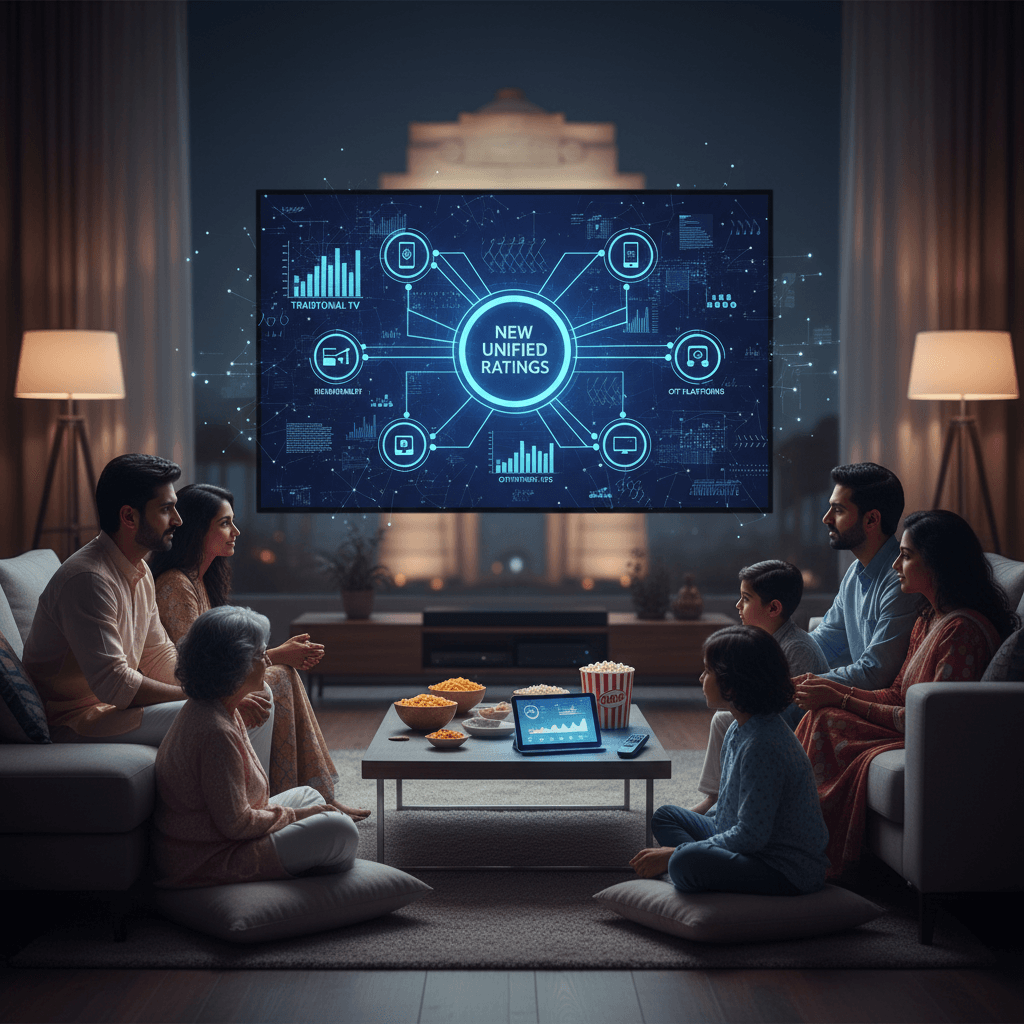A multi-generational Indian family watching a large TV displaying a "New Unified Ratings" infographic, with data points for traditional TV and OTT.