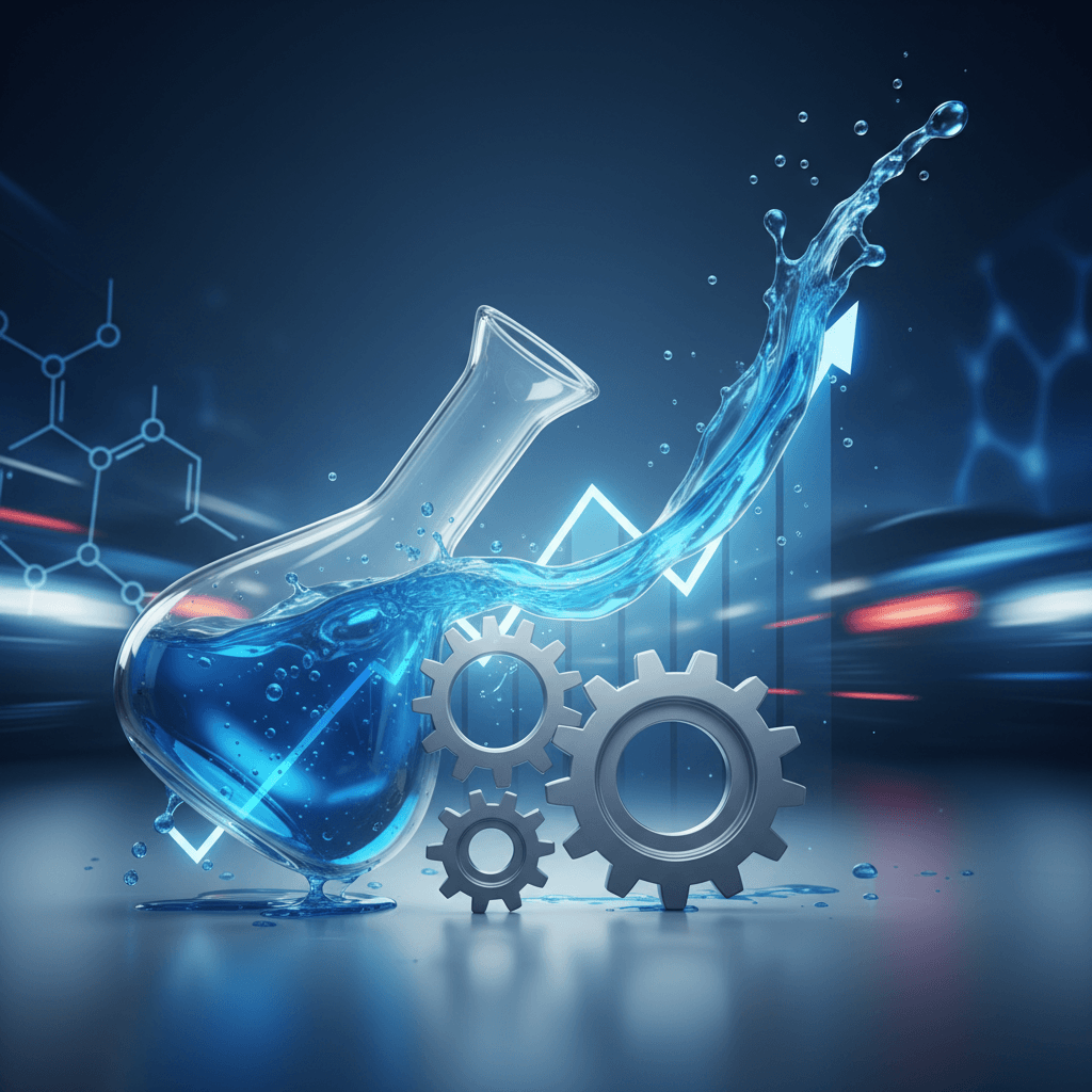 A flask with blue liquid splashing out, gears, and an upward trending graph on a blurred automotive background.