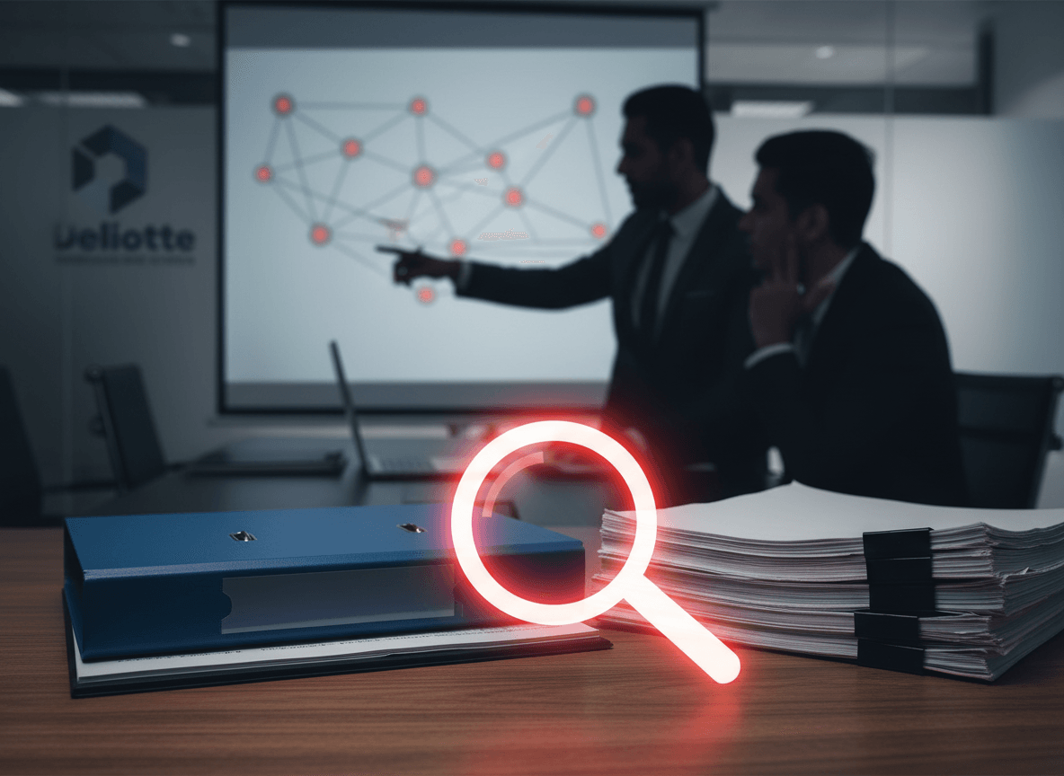 A glowing red magnifying glass highlights documents on a desk, with two blurred professionals discussing a data network in the background.