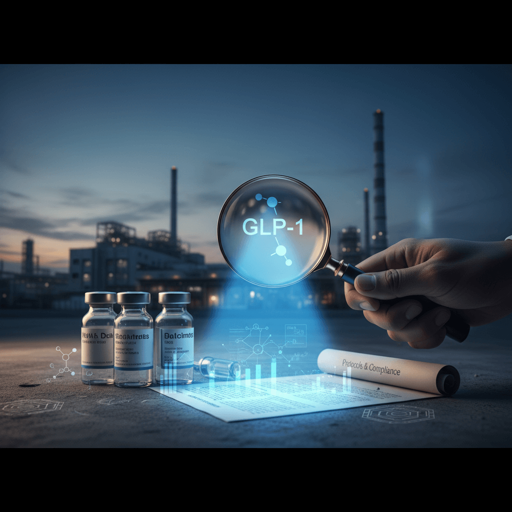 A hand holding a magnifying glass over GLP-1 drugs, with a pharma manufacturing plant in the background, symbolizing regulation.