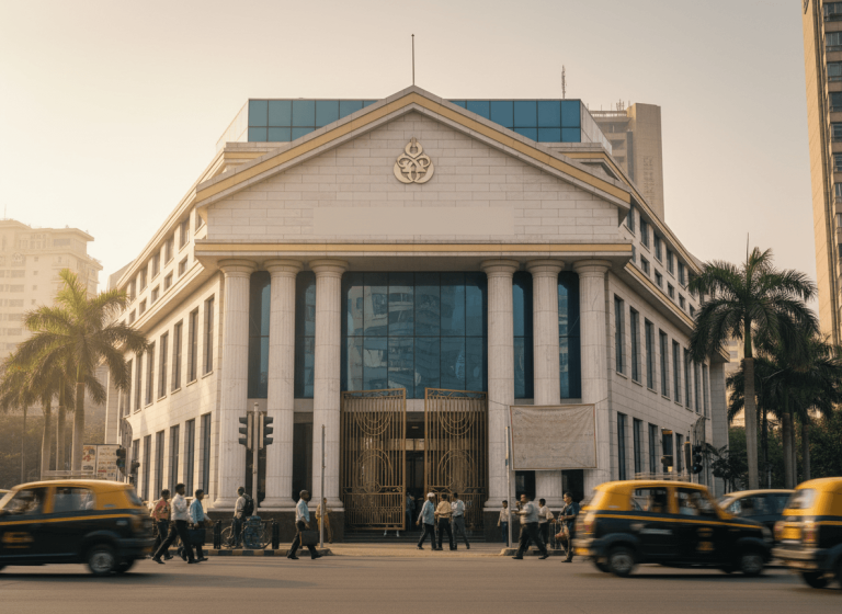A grand, classical bank building with columns in a bustling Indian city, with people and yellow taxis moving.