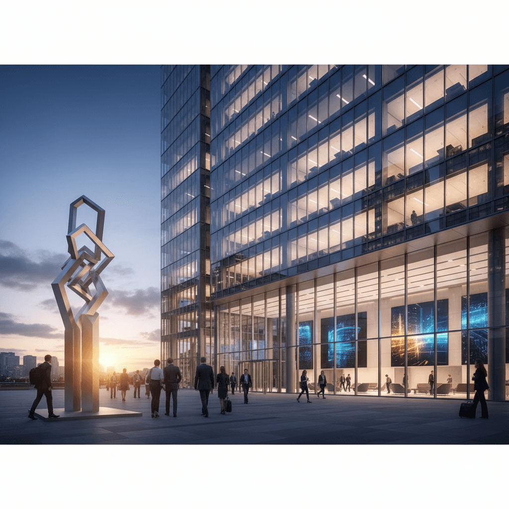A modern glass skyscraper with people walking outside at sunset, suggesting a new era for a financial institution.