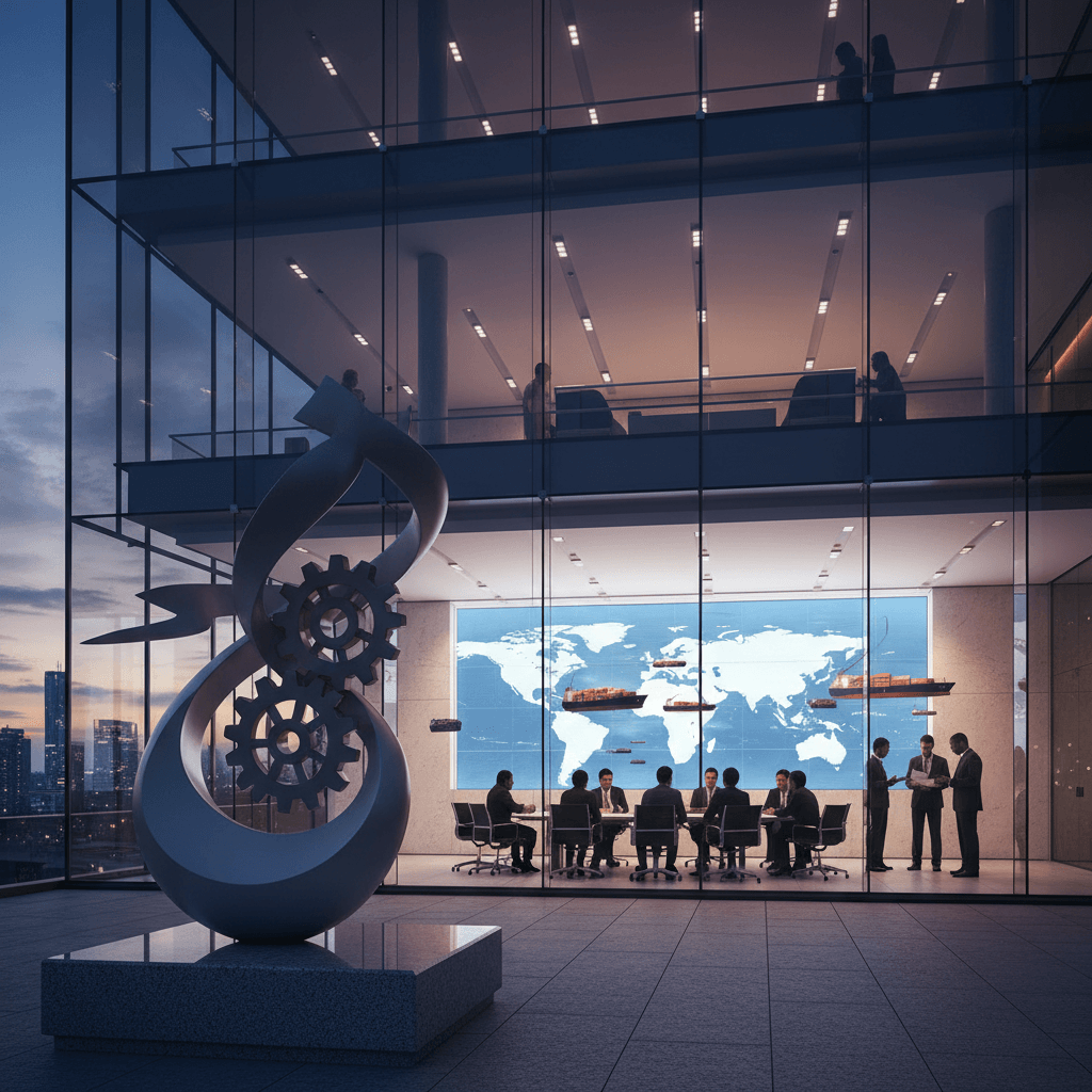 A modern glass office building at dusk with business people in a meeting room, a world map on screen, and a sculpture.