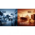 A split image showing a hand fueling a car on one side and an oil tanker with barrels and coins on the other, representing fuel policy.