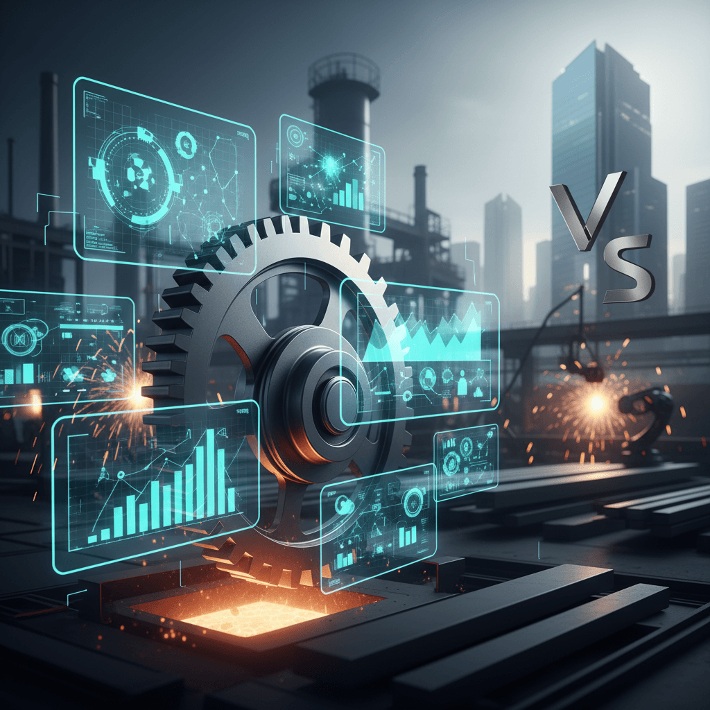 A large industrial gear surrounded by glowing blue holographic data displays, with a factory and city skyline in the background.