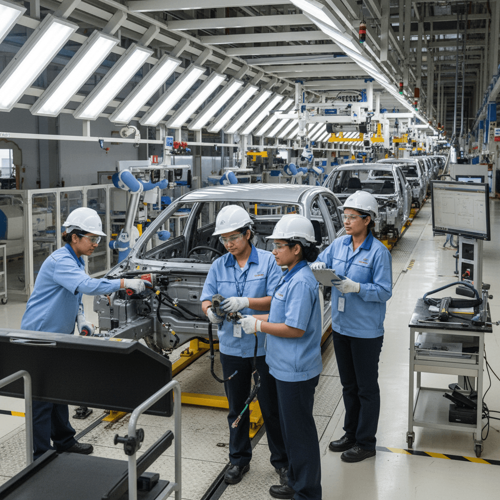 Four women engineers in safety gear working on a car assembly line at an automotive plant in India.